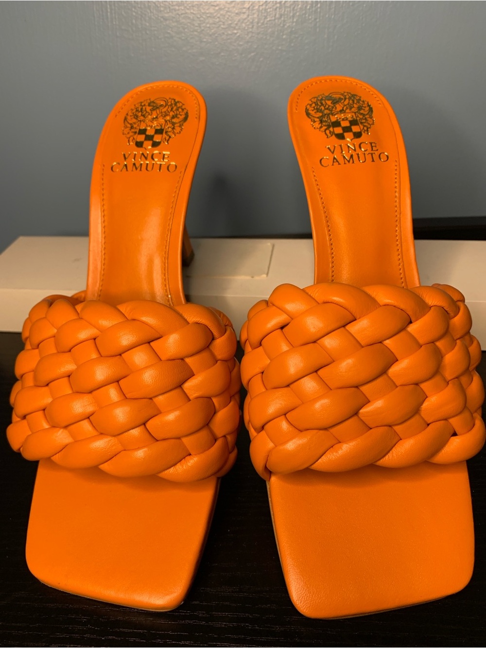 Vince Camuto Braided Leather Slide Sandals in Bright Orange
